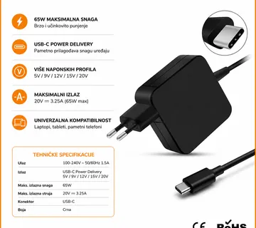 Optimus 65W punjač za laptop (20V/3.25A, 15V/12V/9V/5V, USB-C konektor) - Zagreb