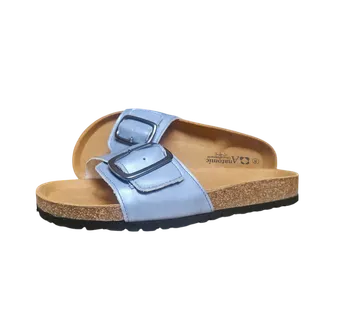 Svjetloplave kožne natikače s bisernim metalik sjajem, širi remen - cover