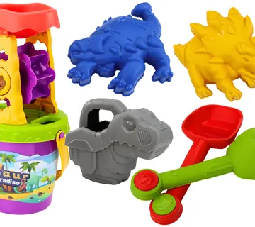 Set pijeska za dinosaure, mlin, lijevak, lopatica, grablje, kanta za zalijevanje, kalupi - Pribislavec