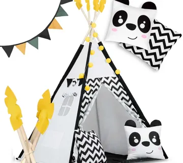 Teepee šator za djecu s girlandom i svjetlima, crno-bijeli s pandom - Pribislavec