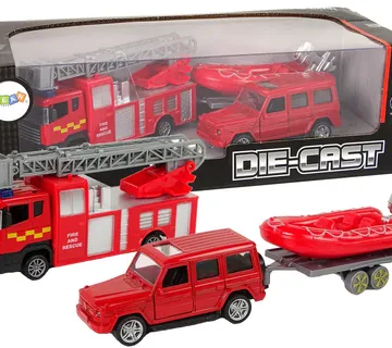 Set vatrogasnih vozila s prikolicom i motornim čamcem crveni - Pribislavec