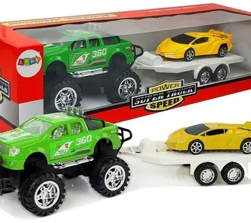 Set vozila Monster Truck sa sportskim autom na prikolici zeleno - žuti - Pribislavec
