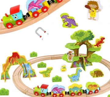 Tooky Toy drvena magnetna željeznica s dinosaurima + figurice - Pribislavec
