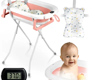 Ricokids RK-287 sklopiva kada za bebe – s termometrom, stalkom i uloškom, bijelo-ružičasta - Pribislavec