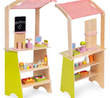 ECOTOYS drvena trgovina za djecu – štand s terminalom, vagom, voćem i povrćem (20 kom.) - Pribislavec