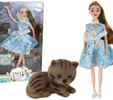 Lutka Emily - smeđa kosa, plava haljina i mačka - Pribislavec