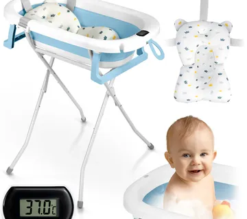 Ricokids RK-287 sklopiva kada za bebe – s termometrom, stalkom i uloškom, bijelo-plava - Pribislavec