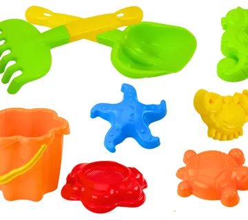 Set za pijesak, kanta, cjedilo, kalupi, 8 komada, šareni - Pribislavec