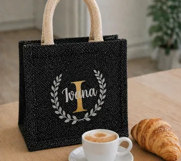 Mini jutena torbica – crna sa šljokicama - Prozor, Otočac