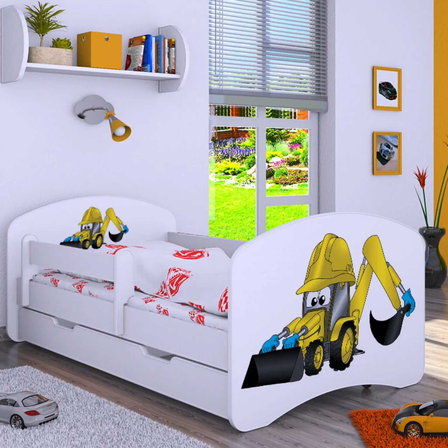 Drveni dječji krevet Happy bager s ladicom – 140*70 - cover