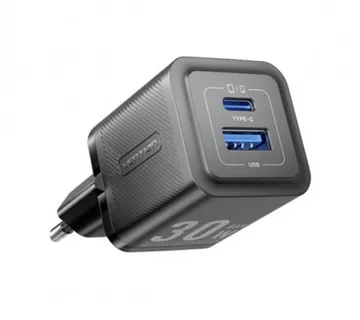 Vention 2-Port USB (C A) GaN Charger (30W 30W) EU-Plug, Black - Umag