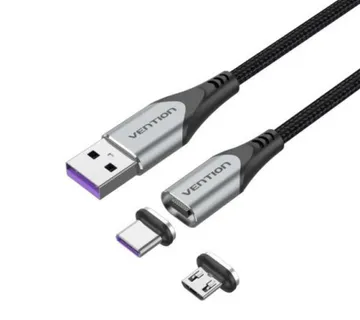 Vention USB 2.0 A Male to 2-in-1 Micro-B USB-C Male 5A Magnetic Cable 2m, Gray - Umag