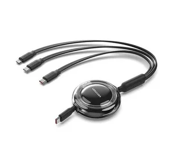 Vention 3-in-1 USB 2.0 Type-C Male to USB-C Male USB-C Male Lightning Male 5A Retractable Cable 1.1M Black - Umag