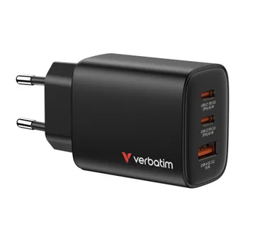 Verbatim GaN Essentials zidni punjač 65W, 2×USB-C/1×USB-A, crni - Umag
