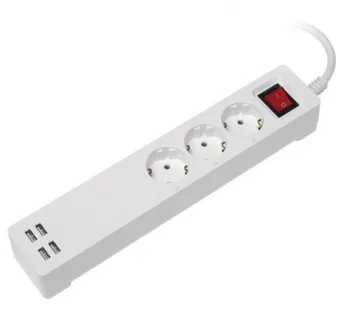 Transmedia Smart 3-way power strip with 4 USB charging ports (total 5V 2,1A) - Umag