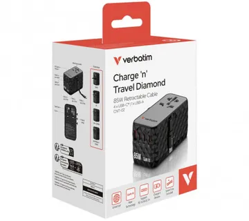 Adapter Verbatim CNT-02 GaN III 32127 Charge'n'Travel 85W, 3xUSB-C/1xUSB-A/uvlačivi USB-C kabel (EN/UK/US) - Umag