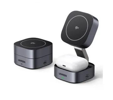 UGREEN 2in1 punjač, 15W, bežični, Qi2, za iPhone, AirPods Pro, sivi - cover
