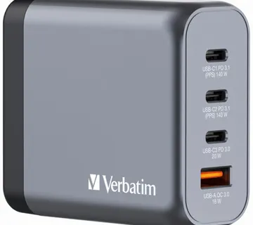 Verbatim GNC-140 GaN zidni punjač 140W, 4 priključka, 2 x USB-C PD 140 W / 1 x USB-C PD 20 W / 1 x USB-A QC 3.0 - Umag