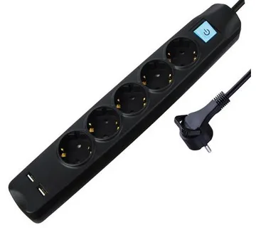Transmedia 5-way power strip with 2x USB, black, 3m - Umag