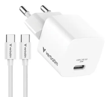 Verbatim Mini GaN punjač 20W PD3.0 s kabelom USB-C / C, M/M, 1.0m , bijeli - Umag