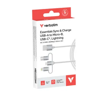 Verbatim Sync &amp; Charge kabel 3-u-1 USB-A na Micro-B/USB-C/Lightning, M/M, 18W, bijeli, 1.0m - Umag