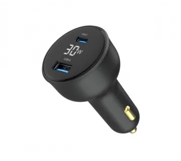 Gembird 2-port USB car fast charger, Type-C PD, LCD, 30 W, black - Umag