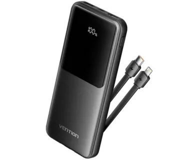 Vention 10000mAh Power Bank (Micro-USB USB-C USB-A USB-A) with Built-in USB-C and Lightning Cables 22.5W Black LED Displ - cover