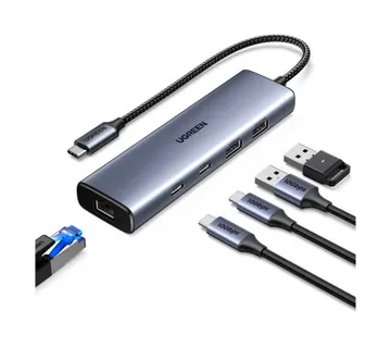 UGREEN 6-portni USB-C HUB na 1xUSB-A 3.2, 2xUSB-C 3.2, 1xUSB-A 2.0, 1xUSB-C za napajanje, 1x RJ45 konektor, sivi - cover