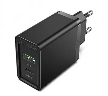 Vention 2-Port USB (A C) Wall Charger (18W 20W) EU-Plug, Black - Umag
