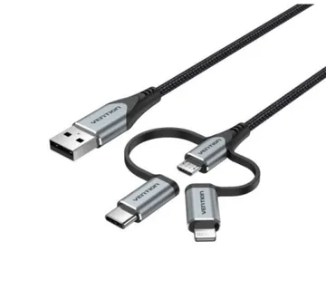 Vention USB 2.0 A Male to 3-in-1 Micro-B USB-C Lightning Male Cable 1,5m, Gray - Umag