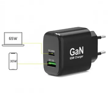 Port zidni punjač GaN 65W USB-C/USB-A, crni - Umag
