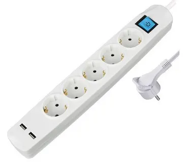 Transmedia 5-way power strip with 2x USB, white, 3m - Umag