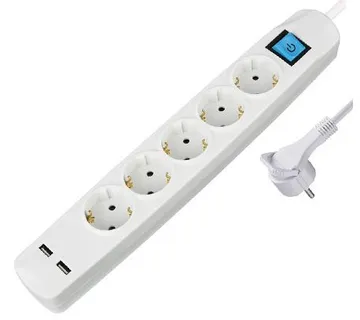 Transmedia 5-way power strip with 2x USB, white, 5m - Umag