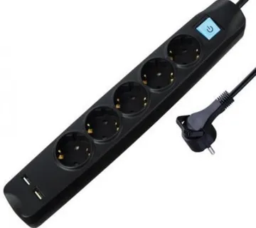 Transmedia 5-way power strip with 2x USB, black, 1,5m - Umag