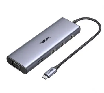 UGREEN 10-portni USB-C HUB 3×USB-A 3.0, 1xUSB- C PD, VGA, 4K, HDMI, 1xG-LAN, 1xSD, 1xTF, 3.5mm, sivi - Umag