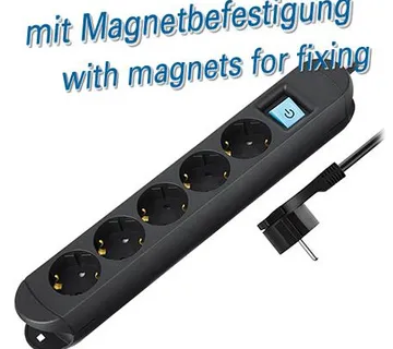 Transmedia 5-way power strip, switch, illuminated, black, 2m - Umag