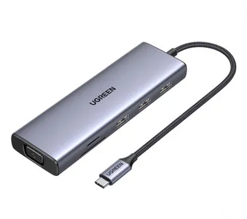 UGREEN 9-portni USB-C HUB 3xUSB-A,1xHDMI 4K 60, 1xVGA, 1xUSB-C PD 100W, 1xRJ45, 1xSD, 1xTF, sivi - Umag