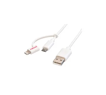 Roline USB2.0 kabel za punjenje i prijenos podataka TIP A(M) na Micro B(M) + Lightning(M), bijeli, 1.0m - Umag