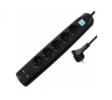 Transmedia 5-way power strip with 2x USB, black, 1,5m - Umag