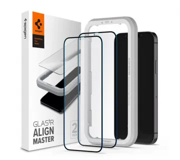 Spigen Glas tR ALM FC Black, zaštitno staklo za ekran telefona, 2 kom + okvir za instalaciju - iPhone 12 Pro Max - Umag