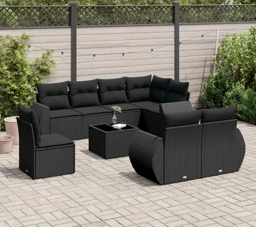vidaXL 9-dijelni set vrtnih sofa s jastucima crni od poliratana - Venlo