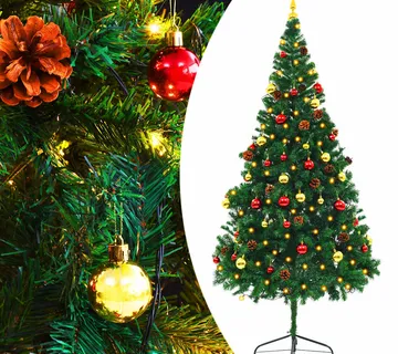 vidaXL Umjetno osvijetljeno božićno drvce s kuglicama zeleno 210 cm - Venlo