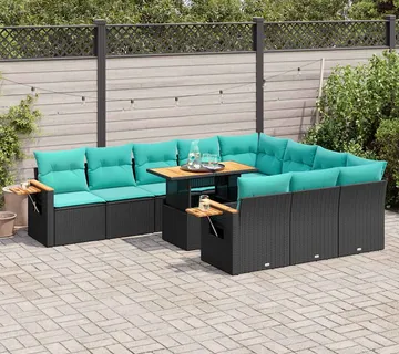 vidaXL 11-dijelni set vrtnih sofa poliratan i bagrem s jastucima crni - Venlo