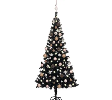 vidaXL Umjetno osvijetljeno božićno drvce s kuglicama crno 150 cm PVC - Venlo