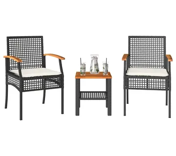 vidaXL 3-dijelni bistro set s jastucima poliratan i drvo bagrema crni - Venlo