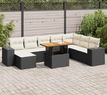 vidaXL 9-dijelni set vrtnih sofa s jastucima crni od poliratana bagrem - Venlo