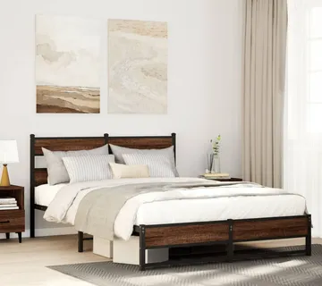 vidaXL Metalni okvir kreveta bez madraca smeđi hrast 135x190 cm - Venlo