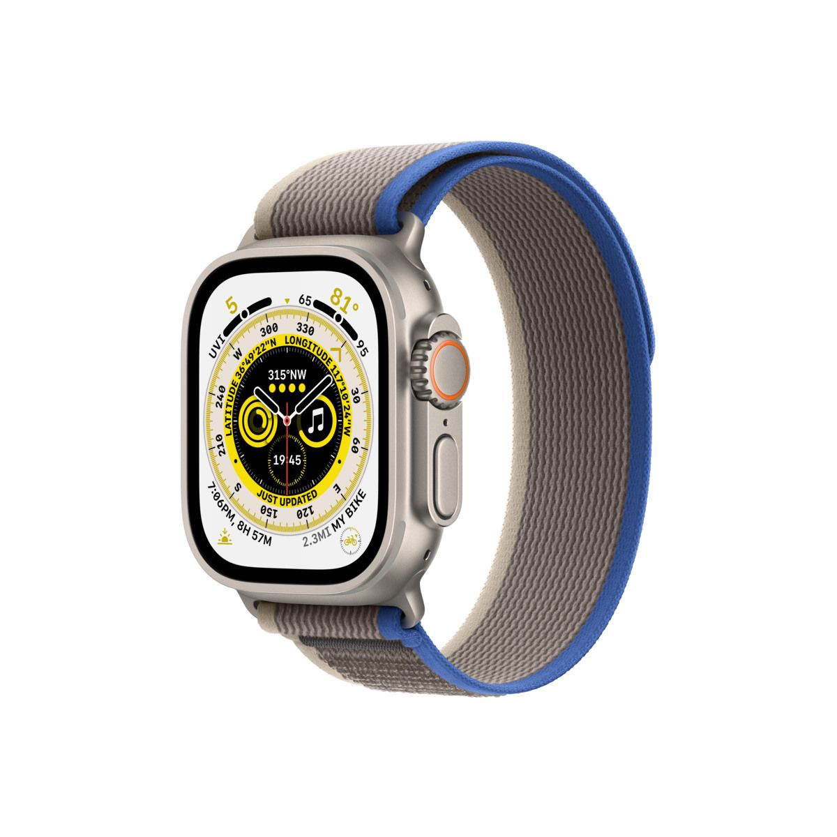 Apple Watch Ultra Cellular, 49mm Titanium Case with Blue/Gray Trail Loop, Small/Medium - cover