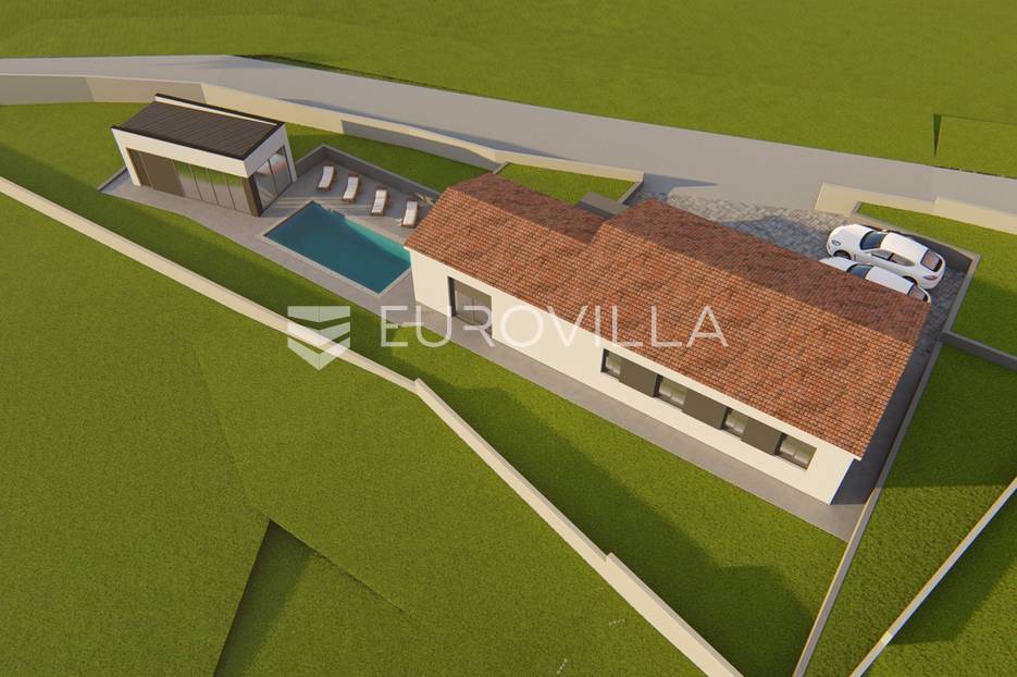 Kršan, okolica, građevinsko zemljište 891 m2, projekt za montažnu kuću i dozvola za gradnju - cover
