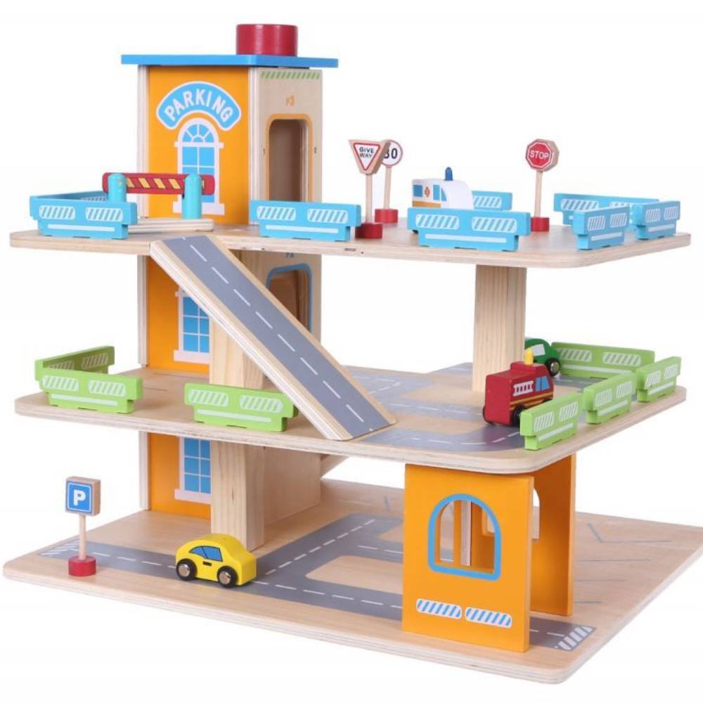 Drvena garažna staza s liftom i automobilima - cover